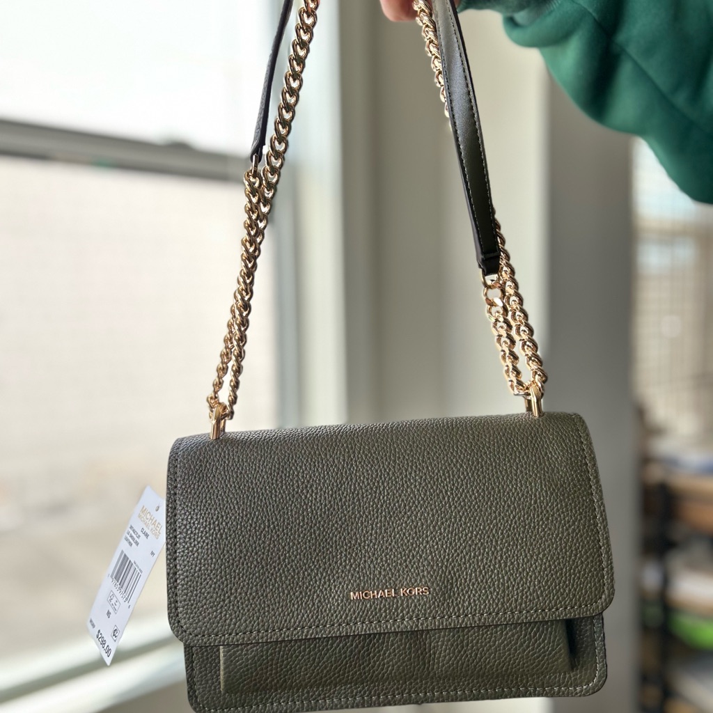 Michael Kors Dark Green Shoulder Bag With Gold Chain